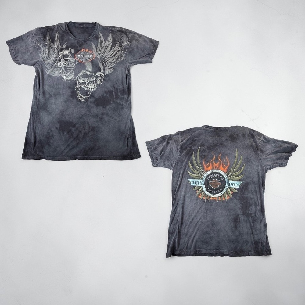 Harley Davidson T Shirt Mens L Skull Flame Graphic 2010 Faded Black Biker